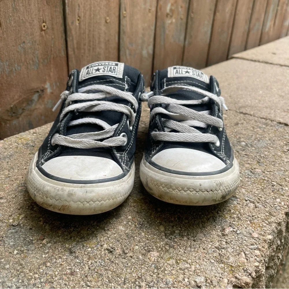CONVERSE Kids Black White Canvas Sneakers All Star Cushion Tongue Size 2